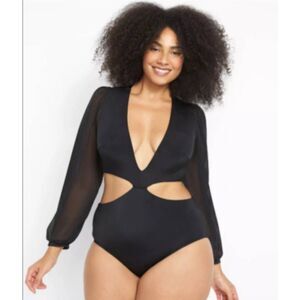 NWT LANE BRYANT Cacique SWIM BLACK SEXY MESH LONG SLEEVE ONE PIECE SWIMSUIT SZ 2